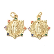 Religion Brass Micro Pave Cubic Zirconia Pendants, with Jump Rings, Flat Round with Saint, Colorful , Golden, 18x16x2.5mm, Hole: 3mm(KK-I658-02G)