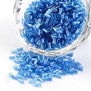 Transparent Colours Pearl Luster Plated Round Hole Glass Bugle Beads, Deep Sky Blue, 2~5x1.8~2mm, Hole: 0.8mm, about 12000pcs/450g(SEED-I001-103B)