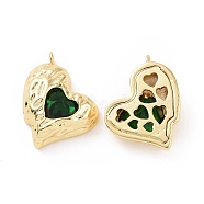 Brass Micro Pave Green Cubic Zirconia Pendants, Heart Charm, Real 18K Gold Plated, 19x16x5mm, Hole: 1.6mm(KK-E068-VC454)