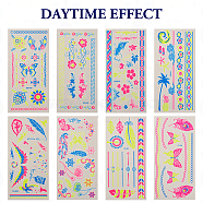 8 Sheets 8 Style Creative Fluorescent Arm Removable Temporary Tattoos Paper Stickers, Waterproof Feather Arm Tattoo Stickers, Rectangle, Mixed Patterns, 21x10.5x0.03cm, 1 sheet/style(STIC-TA0002-02)