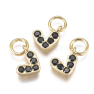 Brass Micro Pave Cubic Zirconia Charms, with Jump Ring, Long-Lasting Plated, Real 18K Gold Plated, Heart, Black, 6x8x2mm, Hole: 3mm(ZIRC-F111-08G-01)