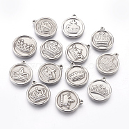 304 Stainless Steel Charms, Flat Round with Crown, Stainless Steel Color, 15x2.5mm, Hole: 1.2~1.4mm(STAS-E444-13)