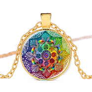 Flower of Life Glass Pendant Necklace, Om Aum Ohm Symbol Alloy Jewelry for Women, Golden, 15.75 inch~19.76 inch(40~50.2cm)(CHAK-PW0001-017C)