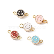 Alloy Enamel Connector Charm, with Golden Plated Double Iron Loops, Flat Round with Smiling Face, Mixed Color, 14.5x8x4mm, Hole: 1.8mm(PALLOY-JF01877)