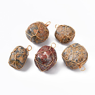 Natural Leopard Skin Jasper Pendants, with Golden Plated Brass Wire Wrapped, Nuggets, 14~25x15~32x13~21mm, Hole: 4mm(G-N332-50-02)