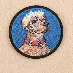 Computerized Embroidery Cloth Iron on/Sew on Puppy Patches, Costume Accessories, Appliques, Flat Round with Dog & Floral Hoop, Royal Blue, 8.2cm(DIY-F030-15A)