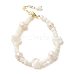 Natural Pearl & Shell Beaded Bracelets, with Brass Clasps, Real 14K Gold Plated, 6-3/4 inch(17.2cm)(BJEW-C051-25G)