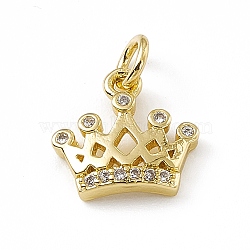 Brass Micro Pave Clear Cubic Zirconia Crown Charms, with Open Jump Rings, Real 18K Gold Plated, 10x11x2.5mm, Jump Ring: 4.5x0.7mm, Inner Diameter: 3mm (ZIRC-F132-64G)