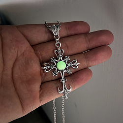 Luminous Glow In The Dark Glass Cross Pendant Necklace, Alloy Jewelry, Green, 19.69 inch(50cm)(LUMI-PW0006-63B)