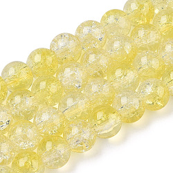 Transparent Crackle Baking Painted Glass Beads Strands, Imitation Opalite, Round, Yellow, 8.5x7.5mm, Hole: 1.5mm, about 107~109pcs/strand, 30.71 inch~31.30 inch(78~79.5cm)(X1-DGLA-T003-01A-15)