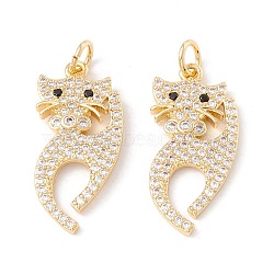 Brass Micro Pave Cubic Zirconia Pendants, with Jump Rings, Cadmium Free & Lead Free, Long-Lasting Plated, Cat, Real 18K Gold Plated, 25x11.5x2mm, Hole: 3mm(ZIRC-P098-06G)