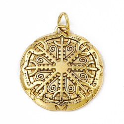 Ion Plating(IP) 304 Stainless Steel Manual Polishing Pendants, with Jump Rings, Flat Round with Vegvisir Charm, Antique Golden, 43x38.5x6mm, Jump Ring: 10x1.5mm, 7mm Inner Diameter(STAS-G276-06AG)