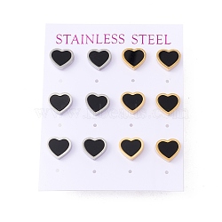 Black Acrylic Heart Stud Earrings, 304 Stainless Steel Jewelry for Women, Mixed Color, 9x10mm, Pin: 0.7mm(EJEW-G291-03M)