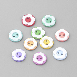 2-Hole Acrylic Buttons, Flat Round/Flower, Mixed Color, 12x2mm, Hole: 1.5mm(X-BUTT-S020-34)