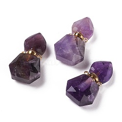 Hexagon Natural Amethyst Perfume Bottle Pendants, with 304 Stainless Steel Findings, Faceted, Golden, 27~27.5x16~17x8mm, Hole: 1.4mm, Capacity: 0.1ml(0.00fl. oz)(G-H241-03A-G)