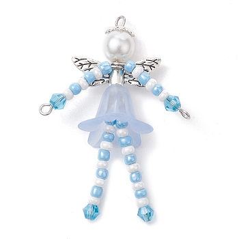 Glass Seed & Acrylic Pearl Beaded Big Pendants, with Alloy Fairy Wing & 304 Stainless Steel Findings, Angel Charms, Light Sky Blue, 52x40x18mm, Hole: 1.6mm