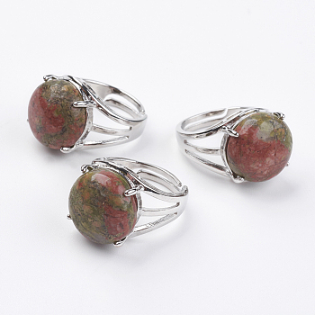 Adjustable Natural Unakite Finger Rings, with Brass Findings, US Size 7 1/4(17.5mm)