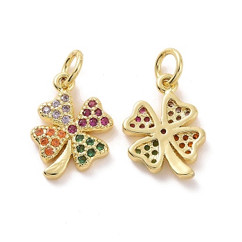 Brass Micro Pave Colorful Cubic Zirconia Charms, with Jump Ring, Four Leaf Clover, Real 18K Gold Plated, 14x10x2mm, Hole: 3.2mm
