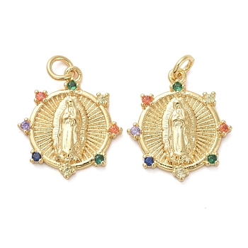 Religion Brass Micro Pave Cubic Zirconia Pendants, with Jump Rings, Flat Round with Saint, Colorful , Golden, 18x16x2.5mm, Hole: 3mm