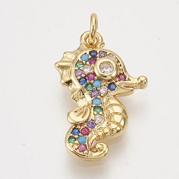 Brass Cubic Zirconia Pendants, Sea Horse, Colorful, Golden, 18x12x3mm, Hole: 1.6mm, Ring: 4x1mm