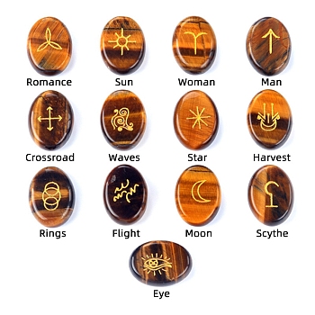 Oval Natural Tiger Eye Rune Stones, Healing Stones for Chakras Balancing, Crystal Therapy, Meditation, Reiki, Divination Stone, 20x15x6~7mm, 13pcs/set