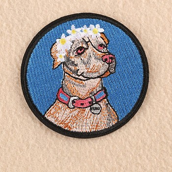 Computerized Embroidery Cloth Iron on/Sew on Puppy Patches, Costume Accessories, Appliques, Flat Round with Dog & Floral Hoop, Royal Blue, 8.2cm