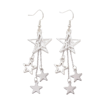 304 Stainless Steel Dangle Earrings, Star Long Drop Earrings, Silver, 75x20.5mm