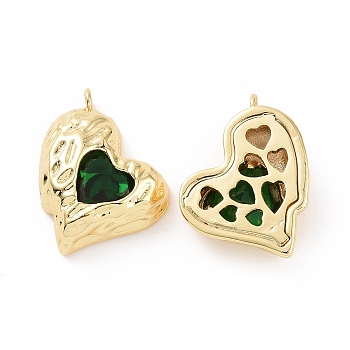 Brass Micro Pave Green Cubic Zirconia Pendants, Heart Charm, Real 18K Gold Plated, 19x16x5mm, Hole: 1.6mm