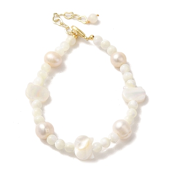 Natural Pearl & Shell Beaded Bracelets, with Brass Clasps, Real 14K Gold Plated, 6-3/4 inch(17.2cm)