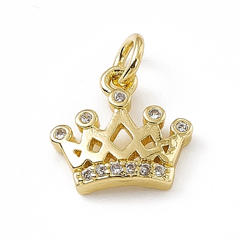 Brass Micro Pave Clear Cubic Zirconia Crown Charms, with Open Jump Rings, Real 18K Gold Plated, 10x11x2.5mm, Jump Ring: 4.5x0.7mm, Inner Diameter: 3mm 
