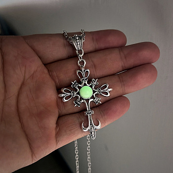 Luminous Glow In The Dark Glass Cross Pendant Necklace, Alloy Jewelry, Green, 19.69 inch(50cm)