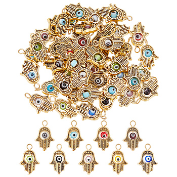60Pcs Tibetan Style Alloy Lampwork Pendant, with Rotatable Handmade Evil Eye, Hamsa Hand, Mixed Color, 18.5x13x4mm, Hole: 1.6mm