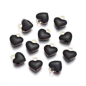 Brass Charms, with Enamel, Enamelled Sequins, Long-Lasting Plated, Nickel Free, Real 18K Gold Plated, Heart, Black, 10x9x2mm, Hole: 1.6mm