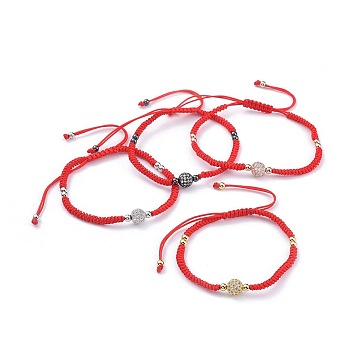 Adjustable Nylon Thread Braided Bead Bracelets, Red String Bracelets, with Brass Micro Pave Cubic Zirconia Beads and Brass Beads, Round, Red, Mixed Color, 2-1/8 inch~3-5/8 inch(5.4~9.2cm)
