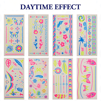 8 Sheets 8 Style Creative Fluorescent Arm Removable Temporary Tattoos Paper Stickers, Waterproof Feather Arm Tattoo Stickers, Rectangle, Mixed Patterns, 21x10.5x0.03cm, 1 sheet/style