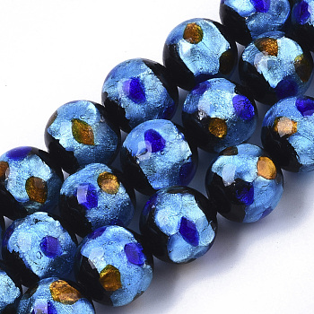 Handmade Silver Foil Lampwork Beads Strands, Round, Royal Blue, 11.5~12.5x11~12mm, Hole: 1mm, about 40pcs/Strand, 17.72 inch