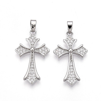 Brass Micro Pave Cubic Zirconia Pendants, Cadmium Free & Lead Free, Cross Charms, Platinum, 26.5x16x3mm, Hole: 5x2.5mm