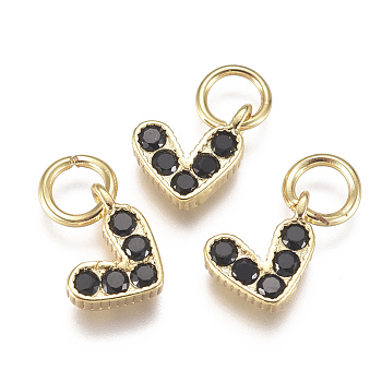 Brass Micro Pave Cubic Zirconia Charms, with Jump Ring, Long-Lasting Plated, Real 18K Gold Plated, Heart, Black, 6x8x2mm, Hole: 3mm