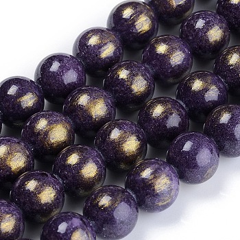 Natural Jade Beads Strands, with Gold Foil, Dyed, Round, Indigo, 4mm, Hole: 1mm, about 92~95pcs/strand ,14.96 inch(38cm)