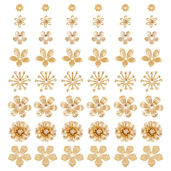 64Pcs 8 Styles Brass Bead Caps, Flower, Golden, 5~15x5~13.5x1~5mm, hole: 0.9~1.5mm