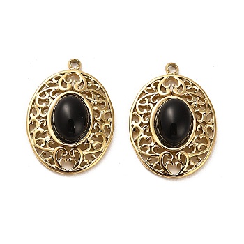 304 Stainless Steel Pave Natural Obsidian Pendants, Oval Charms, Real 14K Gold Plated, 21x15x5.5mm, Hole: 1.4mm