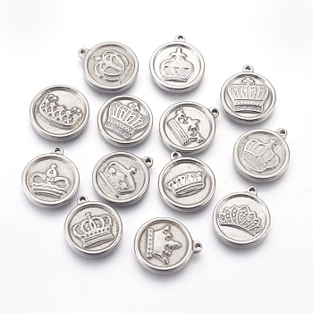 304 Stainless Steel Charms, Flat Round with Crown, Stainless Steel Color, 15x2.5mm, Hole: 1.2~1.4mm