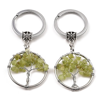 Natural Peridot Flat Round with Tree of Life Pendant Keychain, with Iron Key Rings and Brass Finding, 6.5cm