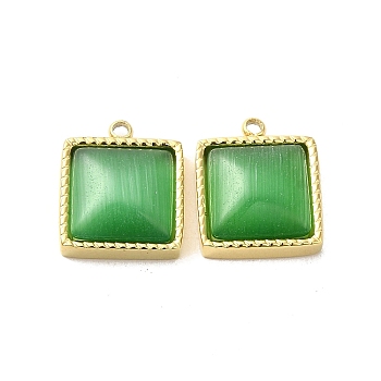 304 Stainless Steel Charms, with Cat Eye, Saqure Charms, Real 14K Gold Plated, Light Green, 14.5x12x5.3mm, Hole: 1.4mm