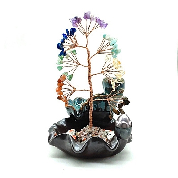 Gemstone Chips Tree Decorations, Ceramic Incense Holders Base Copper Wire Feng Shui Energy Stone Gift for Home Desktop Decoration, 110x100x155mm