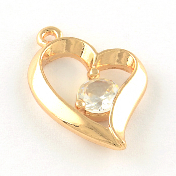 Heart Alloy Cubic Zirconia Pendants, Light Gold, 23x16x4mm, Hole: 1.5mm
