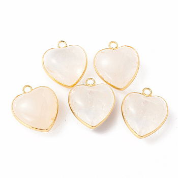 Natural Quartz Crystal Pendants, Rock Crystal Pendants, with Golden Plated Brass Findings, Heart Charms, 18~19x15~17x7~10mm, Hole: 2mm