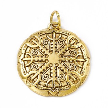 Ion Plating(IP) 304 Stainless Steel Manual Polishing Pendants, with Jump Rings, Flat Round with Vegvisir Charm, Antique Golden, 43x38.5x6mm, Jump Ring: 10x1.5mm, 7mm Inner Diameter