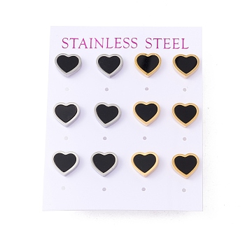 Black Acrylic Heart Stud Earrings, 304 Stainless Steel Jewelry for Women, Mixed Color, 9x10mm, Pin: 0.7mm