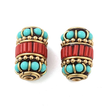 Handmade Indonesia Beads, with Brass and Resin, Barrel, Red, 23x14mm, Hole: 1.9mm